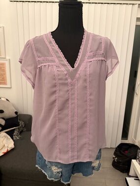 1. State Lavender V-Neck Lace-Trim Short Sleeve Blouse